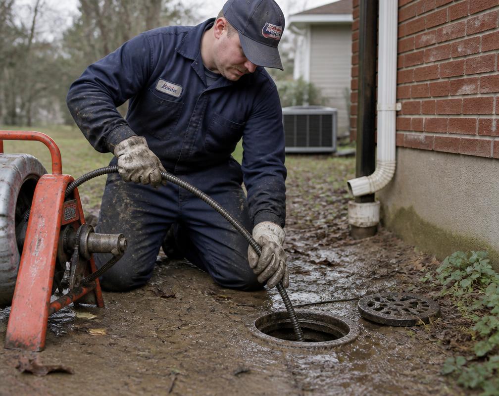 Technician running a drain auger into a sewer cleanout
