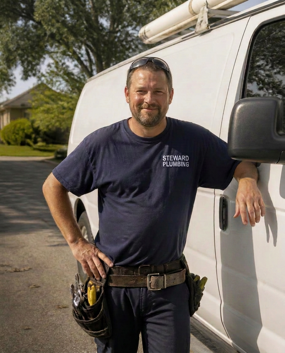 Licensed Tupelo plumber standing beside his service van before a call