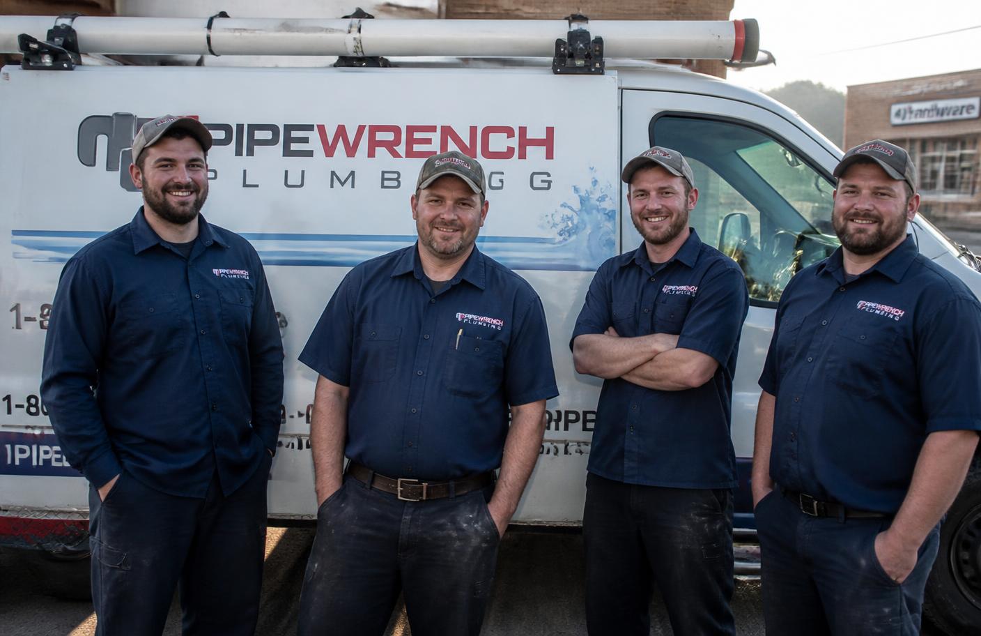 Plumbing crew in matching uniforms standing in front of their service van